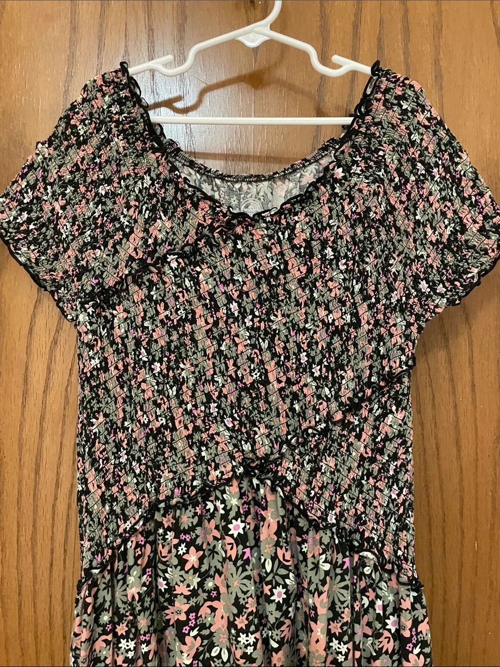 wonder nation Black Floral Smocked Dress with Pink & Green Print